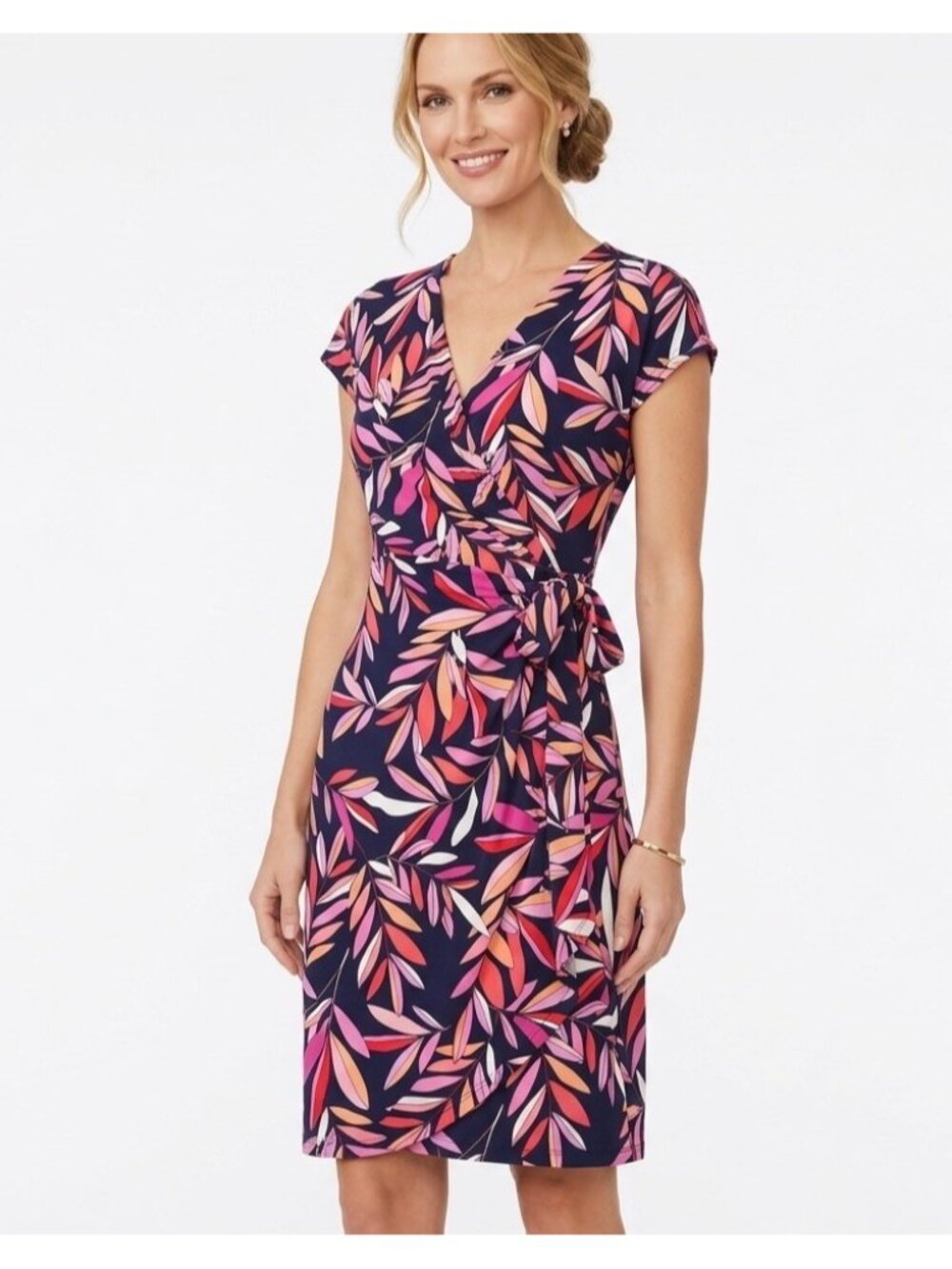 NEW Maggie London Dress 8 Blue Wrap Floral Short Sleeve Tropical Coastal Work